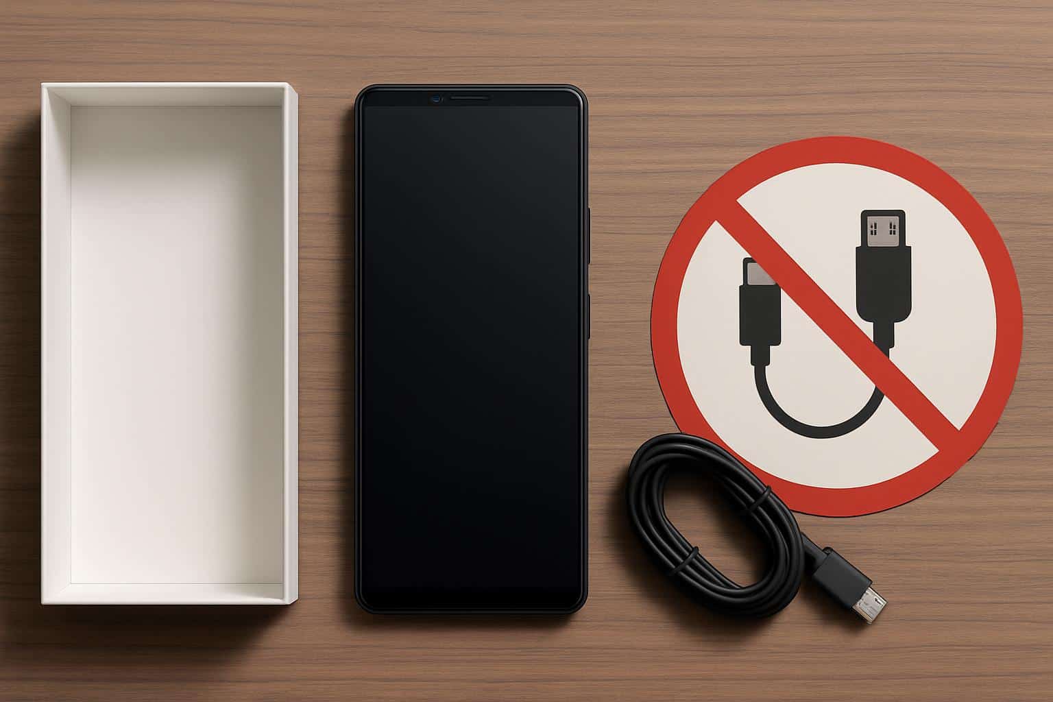 Smartphone packaging without USB-C cable, highlighting cable-free phone shipments