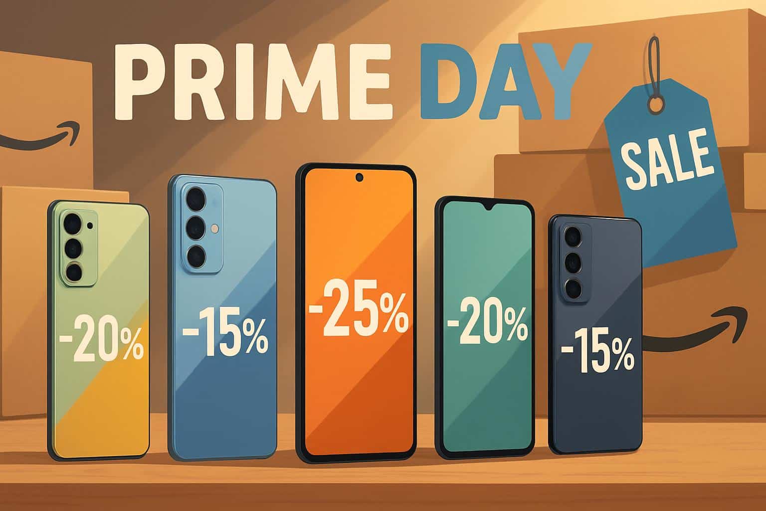 Early Amazon Prime Day phone deals on smartphones with sale tags and Prime logo