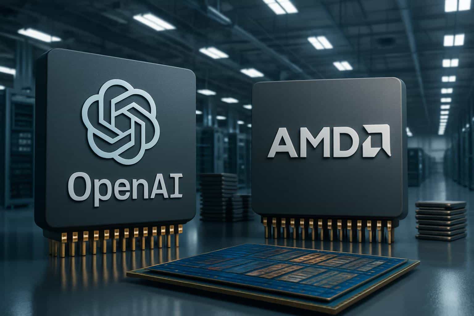 OpenAI and AMD logos over AI chips, signaling the world's largest chip deal