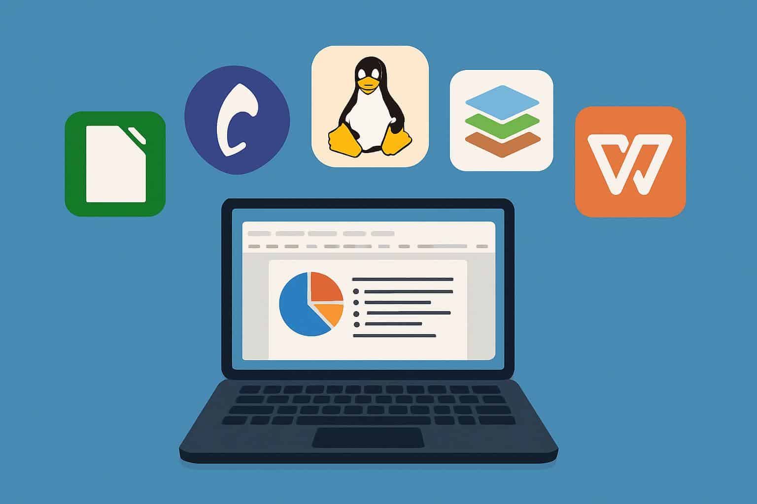 Five best Linux office suites shown with app icons and logos on a desktop