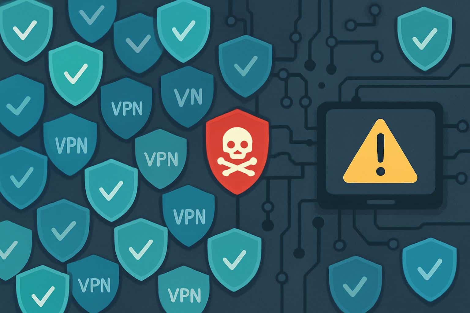 Free VPN options crowded on screen, cracked lock exposes weak privacy and data risks