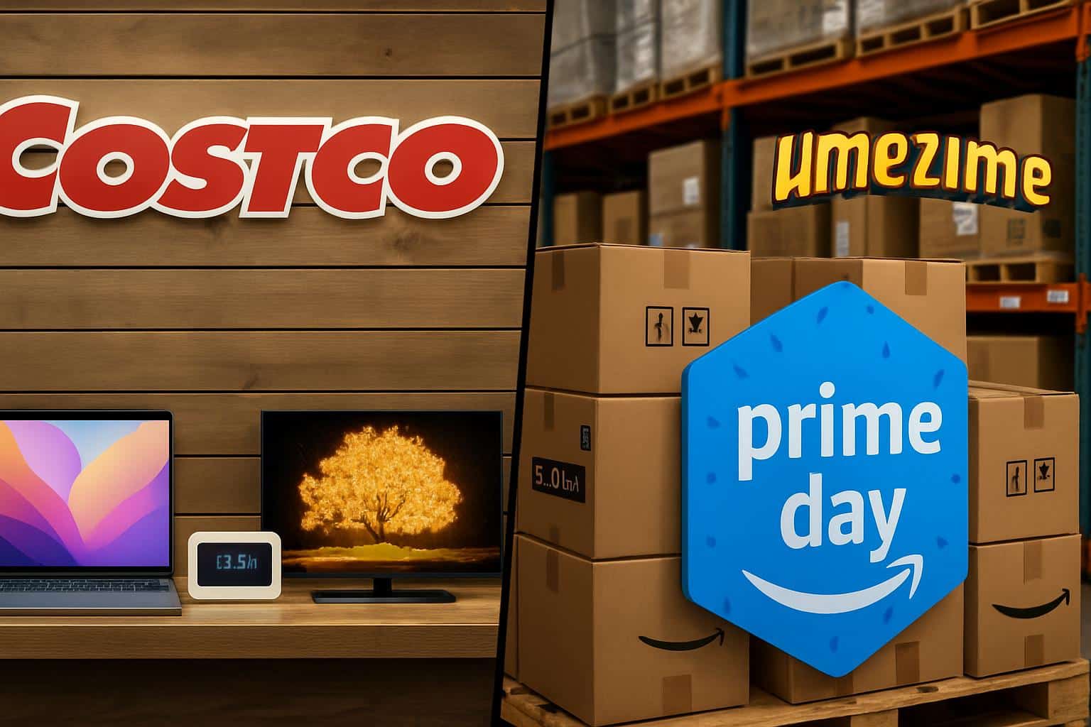 Costco storefront with sale banners promoting Prime Day rival deals