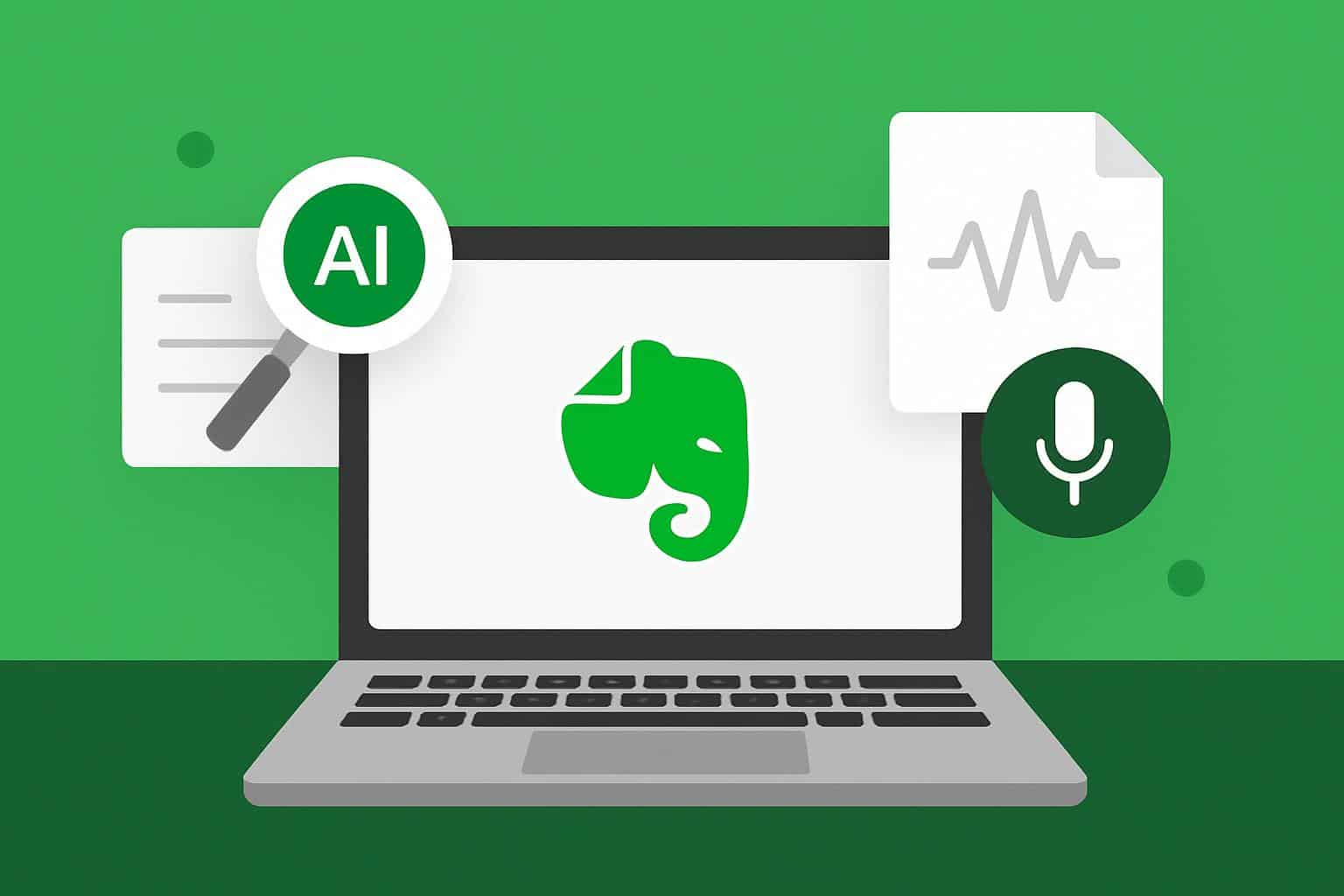 Evernote V11 interface showcasing AI search and audio transcription features