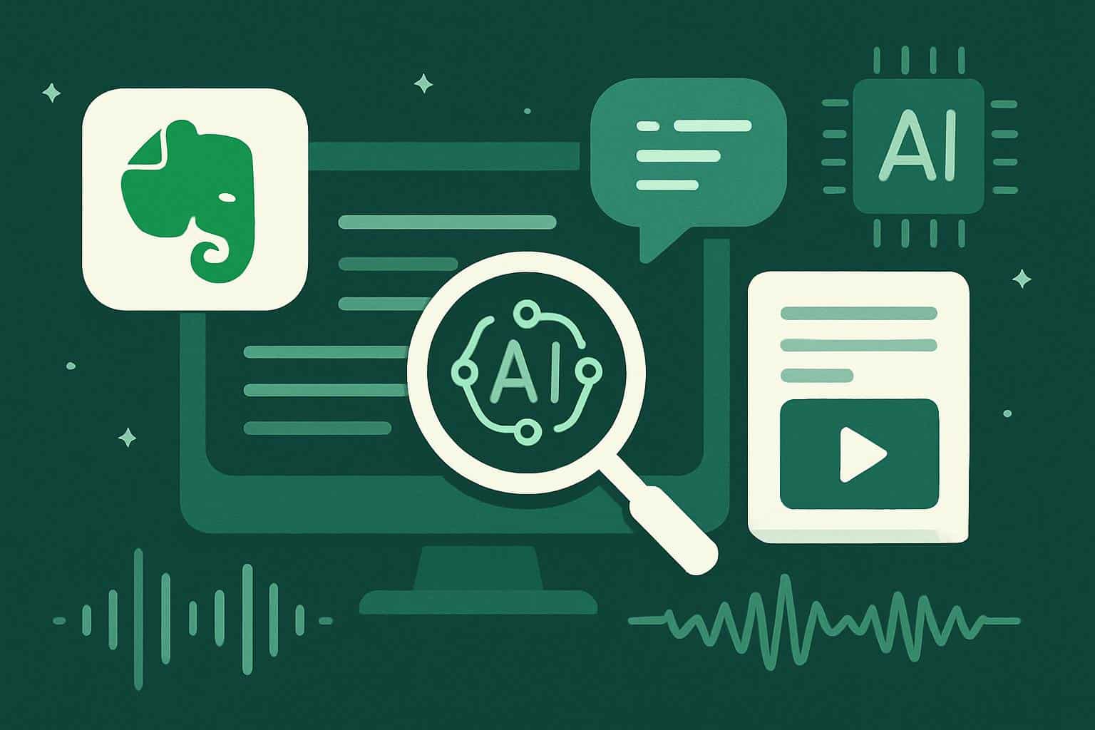 Evernote V11 AI search and transcription features shown in the note-taking app UI