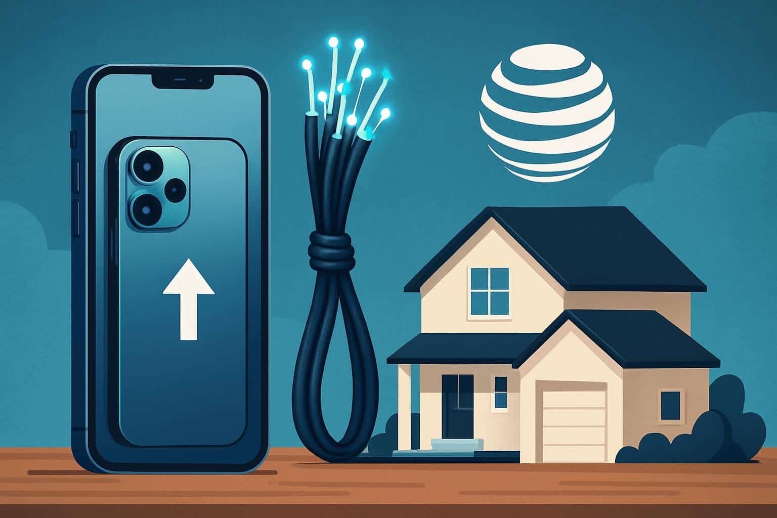 AT&T logo with smartphone and Wi-Fi router illustrating yearly phone upgrades with home internet