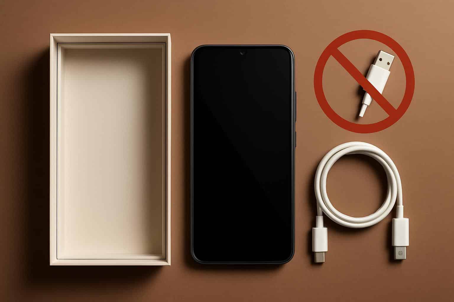 Smartphone packaging without a charging cable as phones ship with fewer accessories