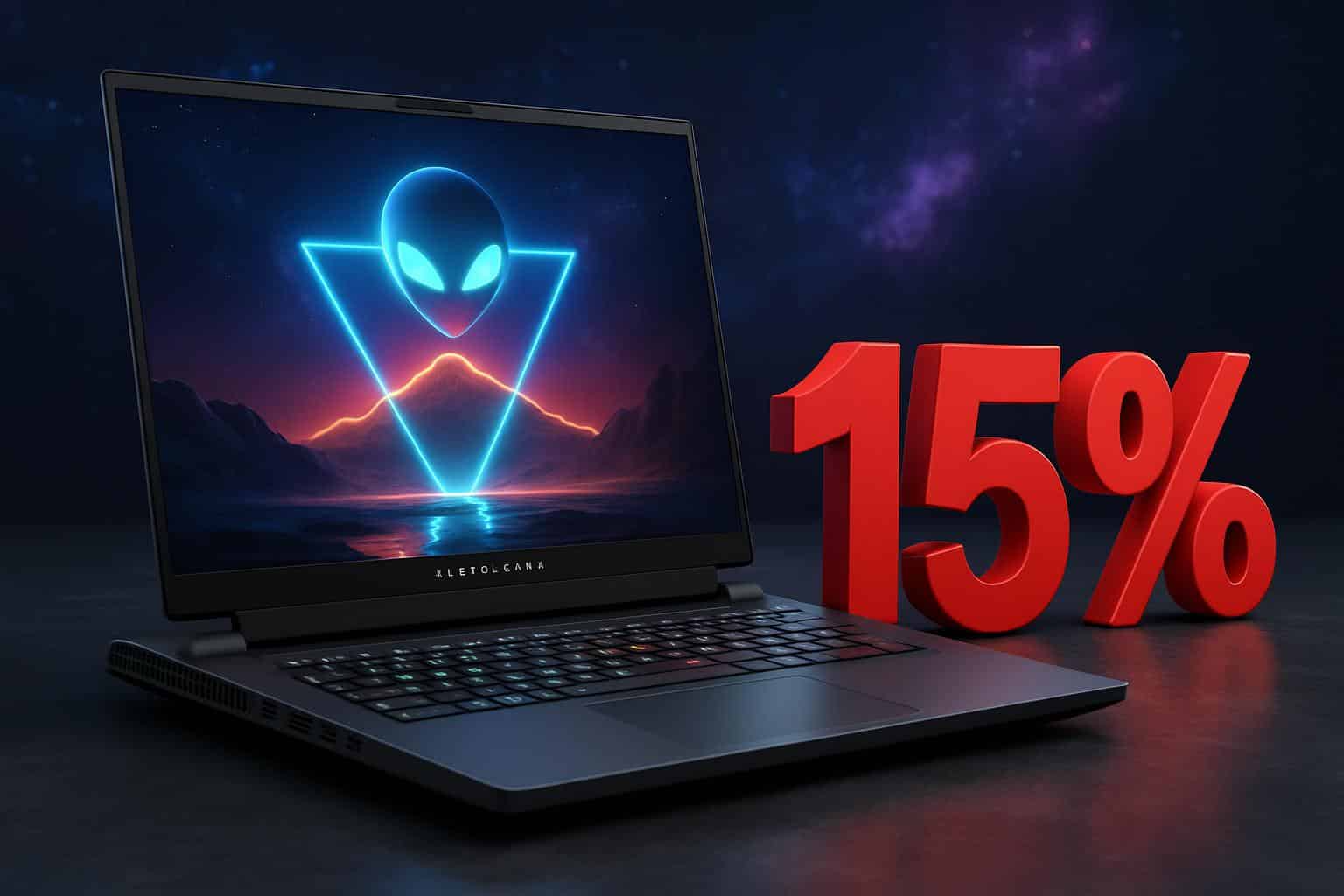 Alienware 16 gaming laptop sale banner showing 15% off discount