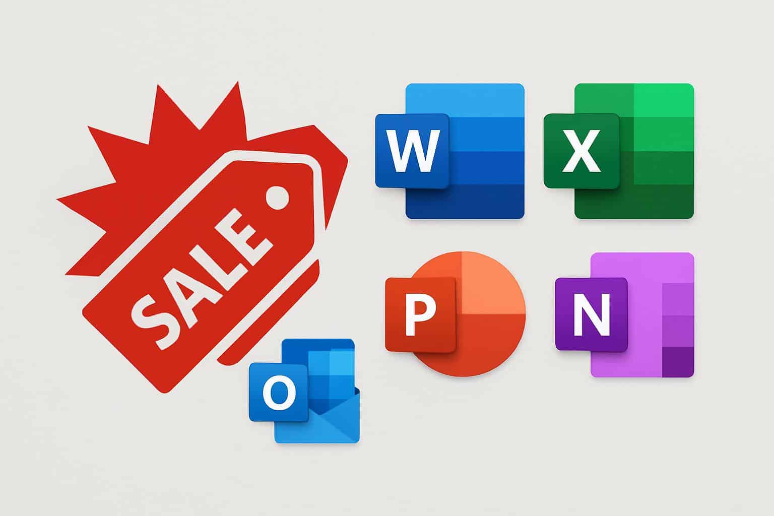 Microsoft Office app icons with discount tags promoting a massive sale
