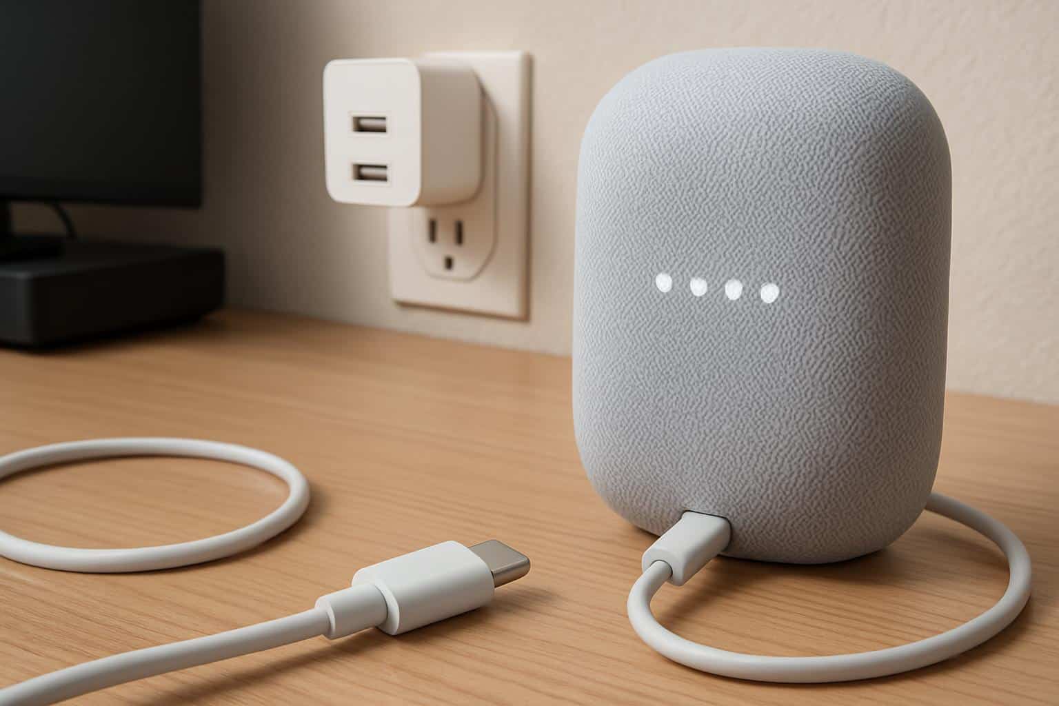 USB-C cable plugged into Google smart speaker, highlighting charging and connectivity