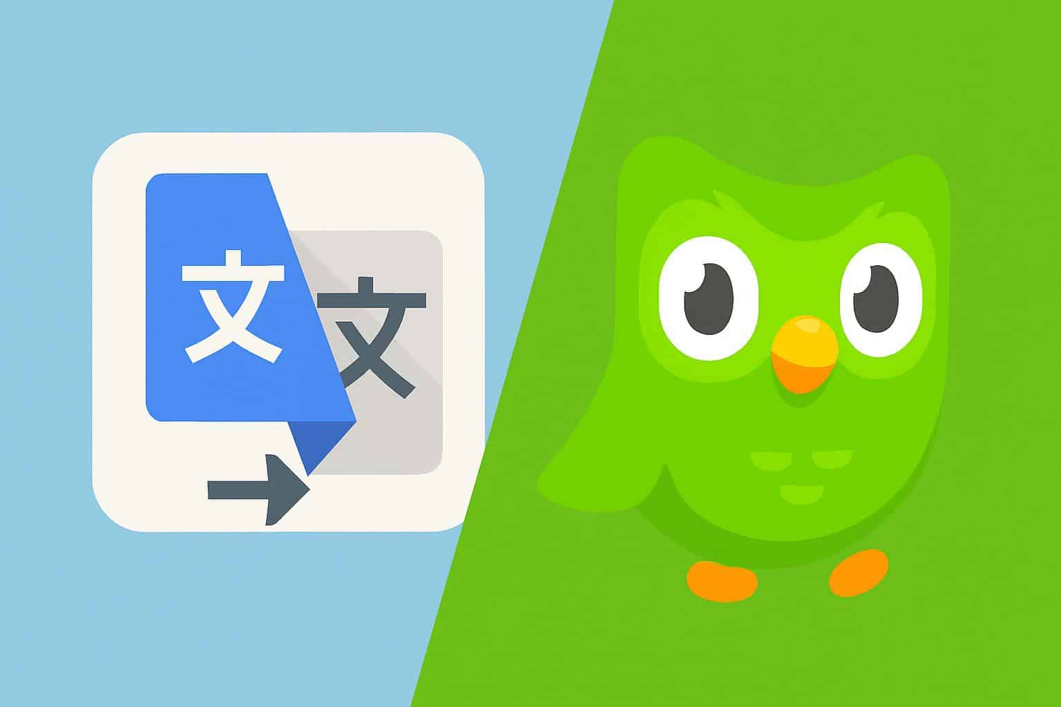 Google Translate Practice Mode and Duolingo app logos side by side for language learning