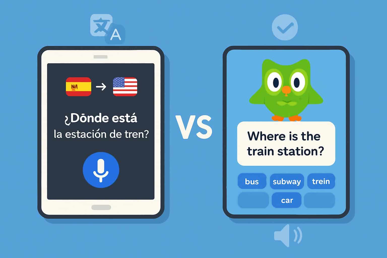 Google Translate Practice Mode and Duolingo logos side by side for language learning rivalry