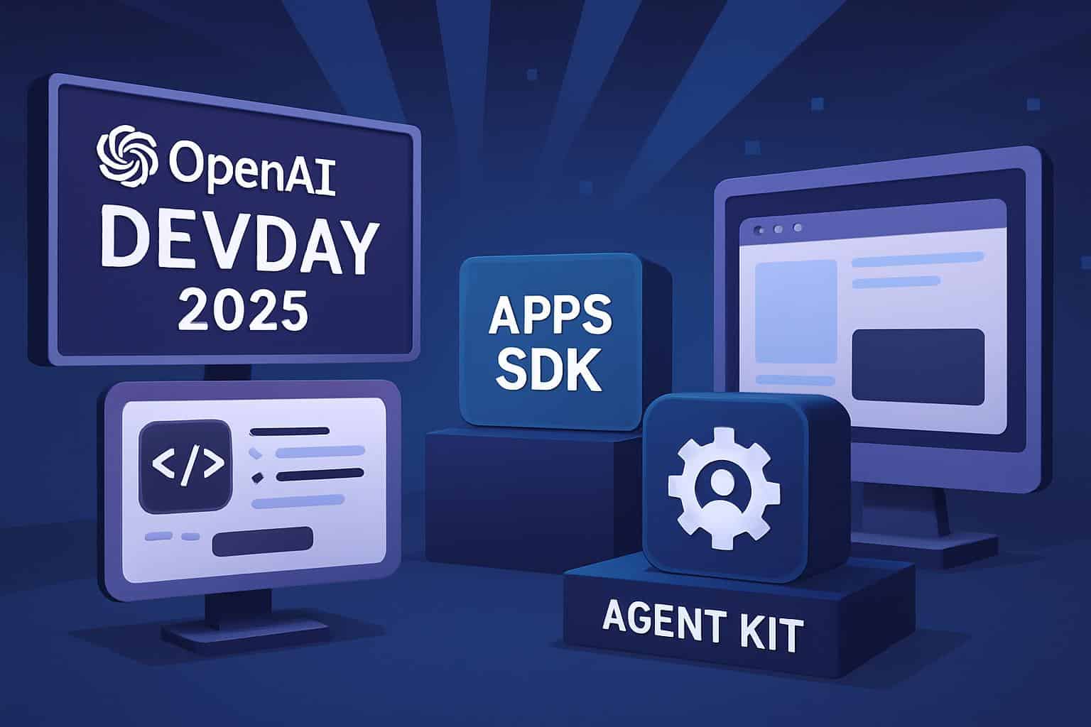 OpenAI DevDay Apps SDK and Agent Kit showcased with AI developer tools and icons