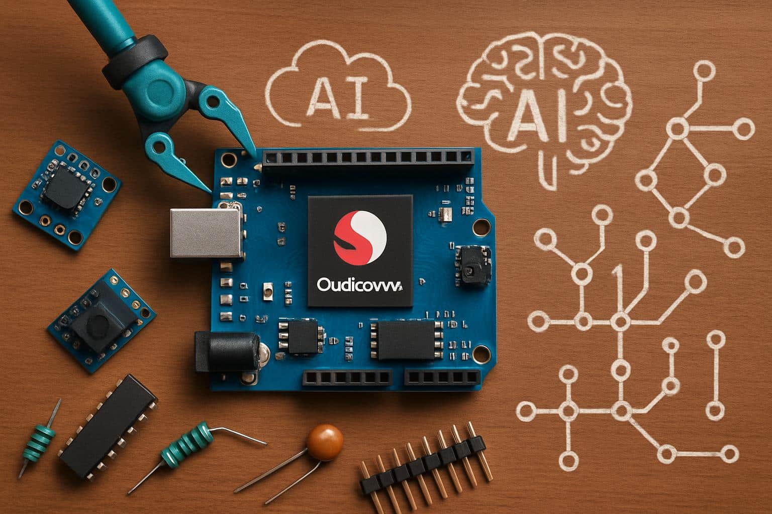 Qualcomm and Arduino logos on AI circuit board for AI DIY projects
