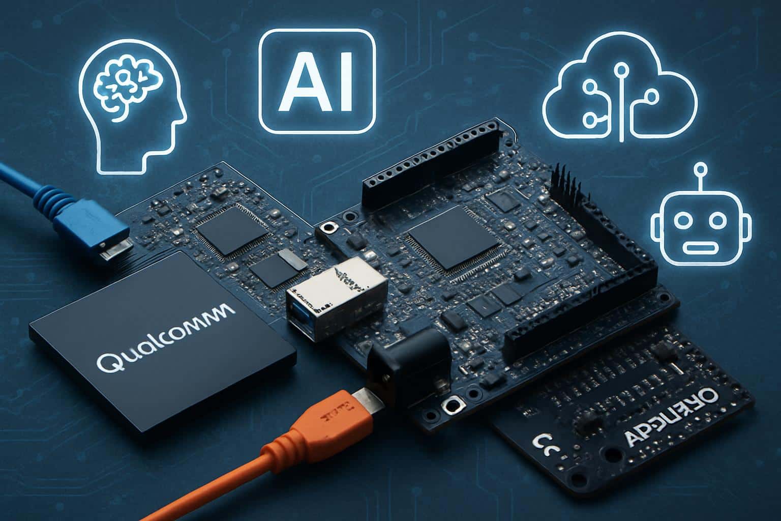 Qualcomm and Arduino AI DIY concept with logos, microcontroller and circuit board