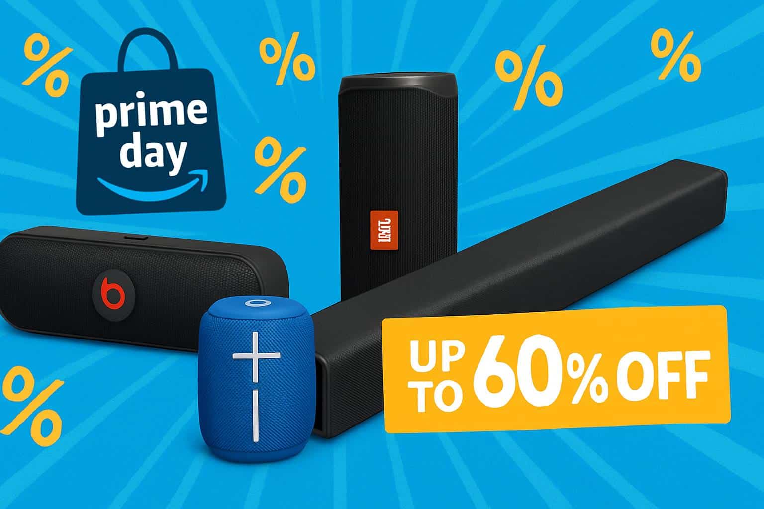Speakers and a soundbar with Prime Day sale tags, up to 60% off audio deals