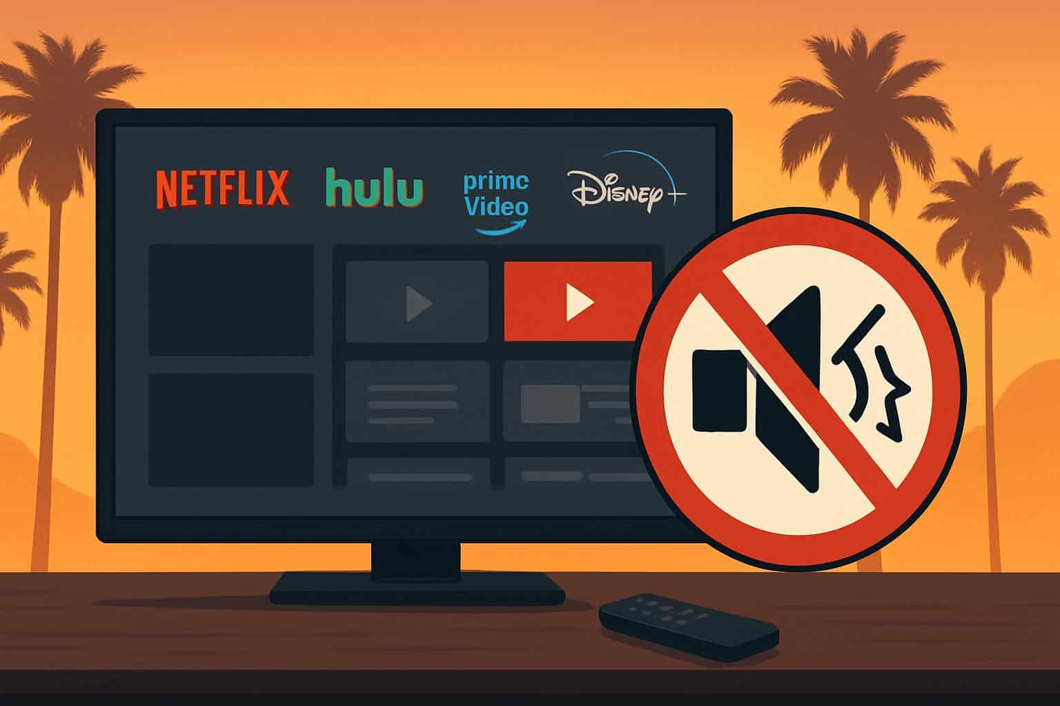 California outline with mute symbol over streaming platform logos, ban on noisy ads across platforms