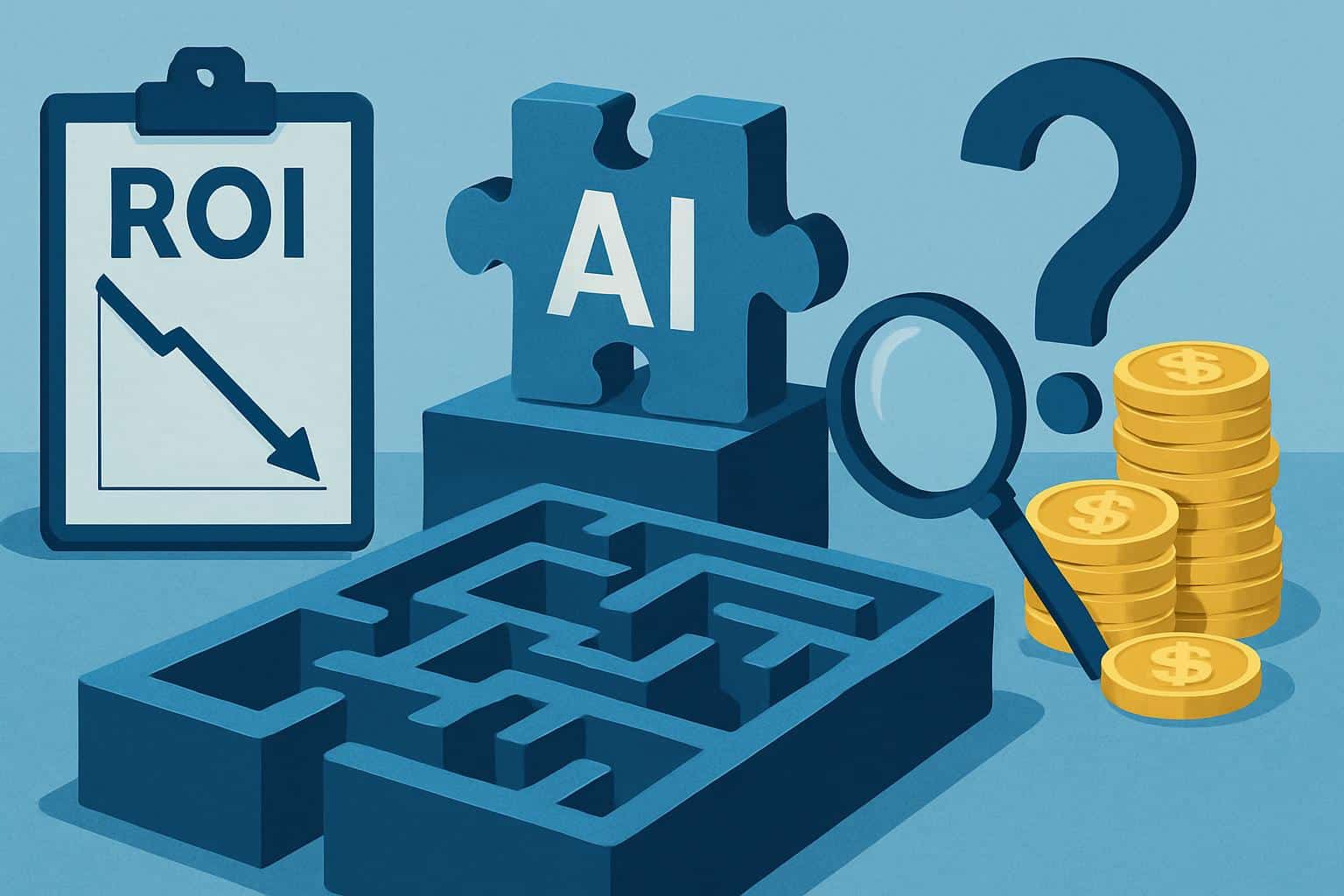 AI ROI analytics dashboard with charts and dollar icons, businesses struggle to prove returns