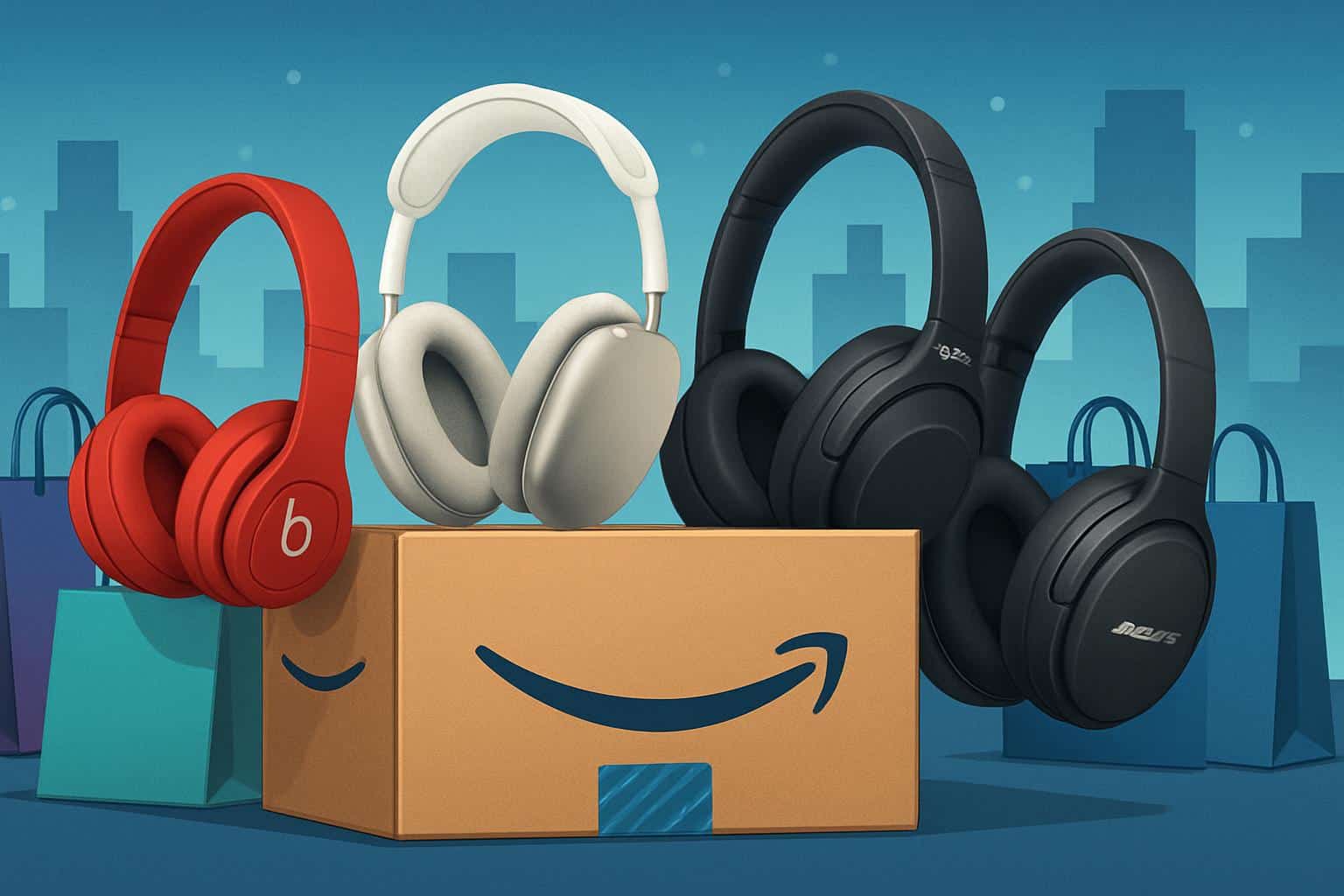 Amazon Prime Day headphone deals with sale tags and discount graphics