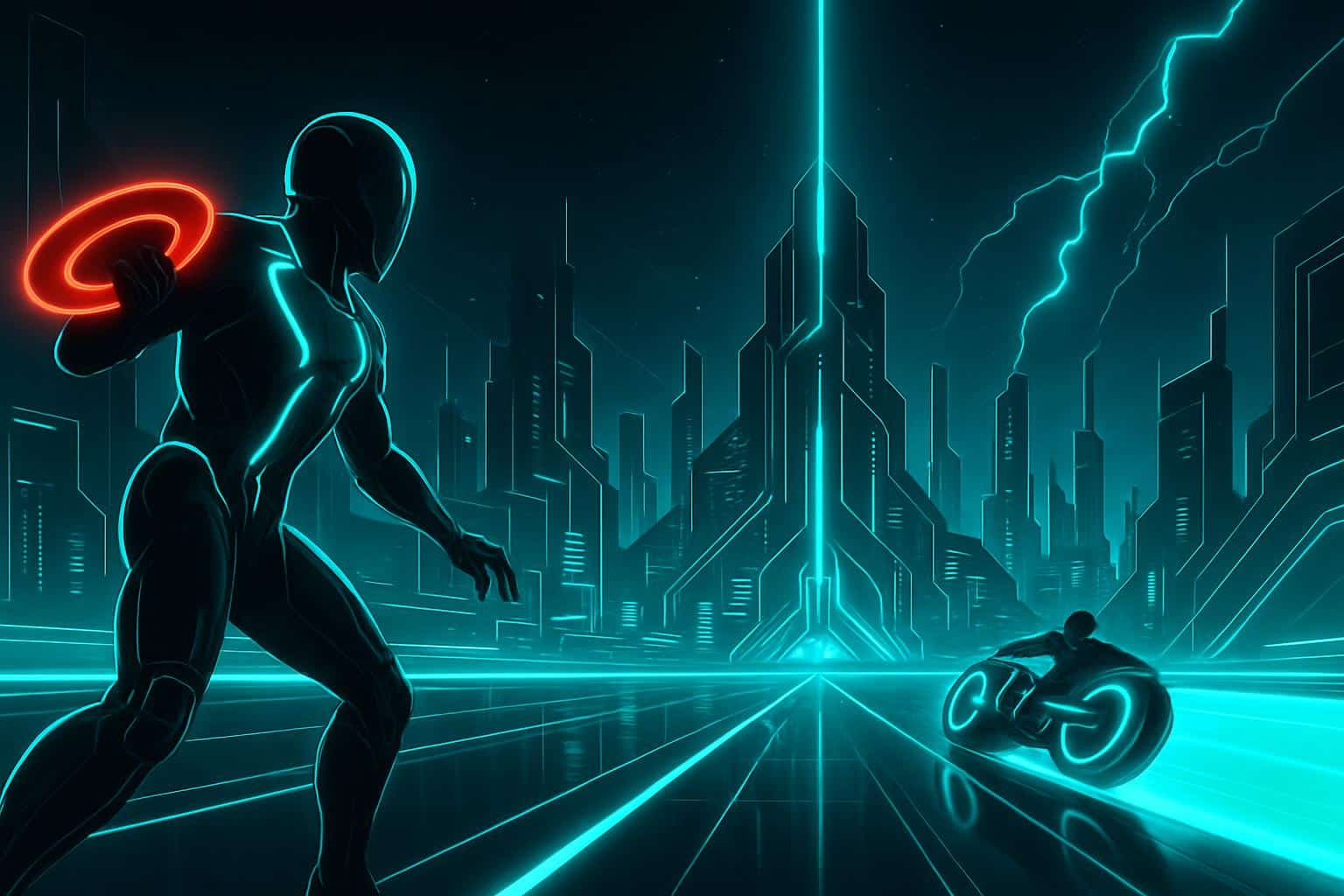 Tron: Ares sci-fi film review illustration with neon grid and lightcycle, best of the bunch