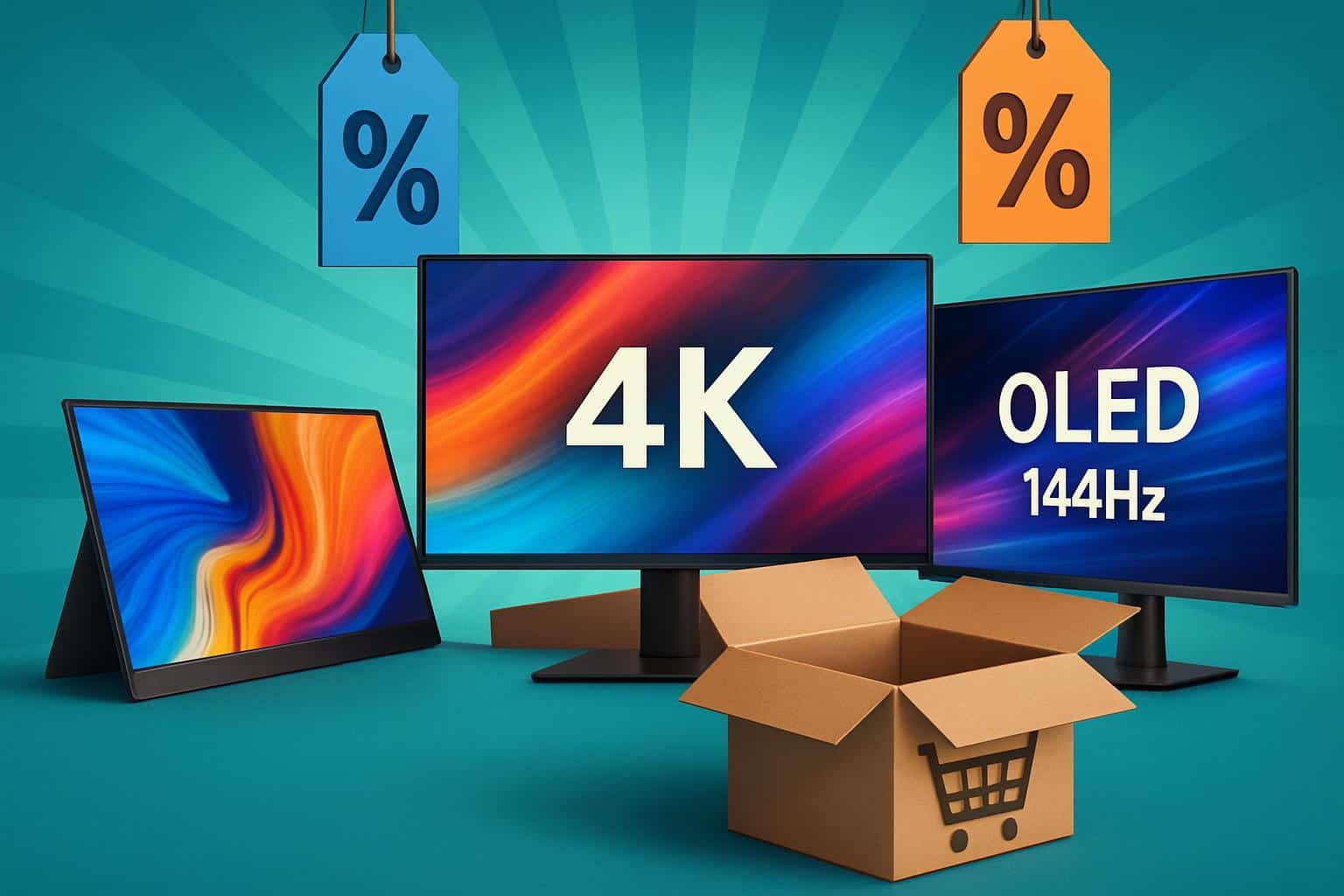 Prime Day monitor discounts and deals with sale tags on computer screens