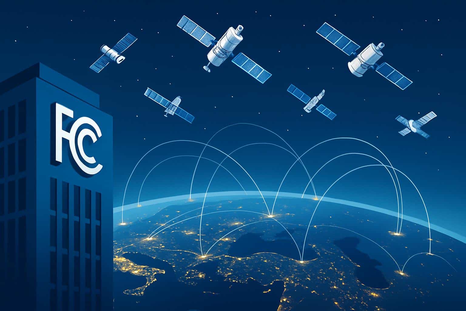 FCC seal with Starlink satellites orbiting Earth, symbolizing satellite internet approval