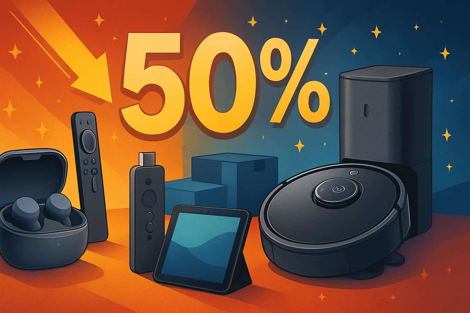 Prime Day tech sale banner with gadgets and up to 50% off tags