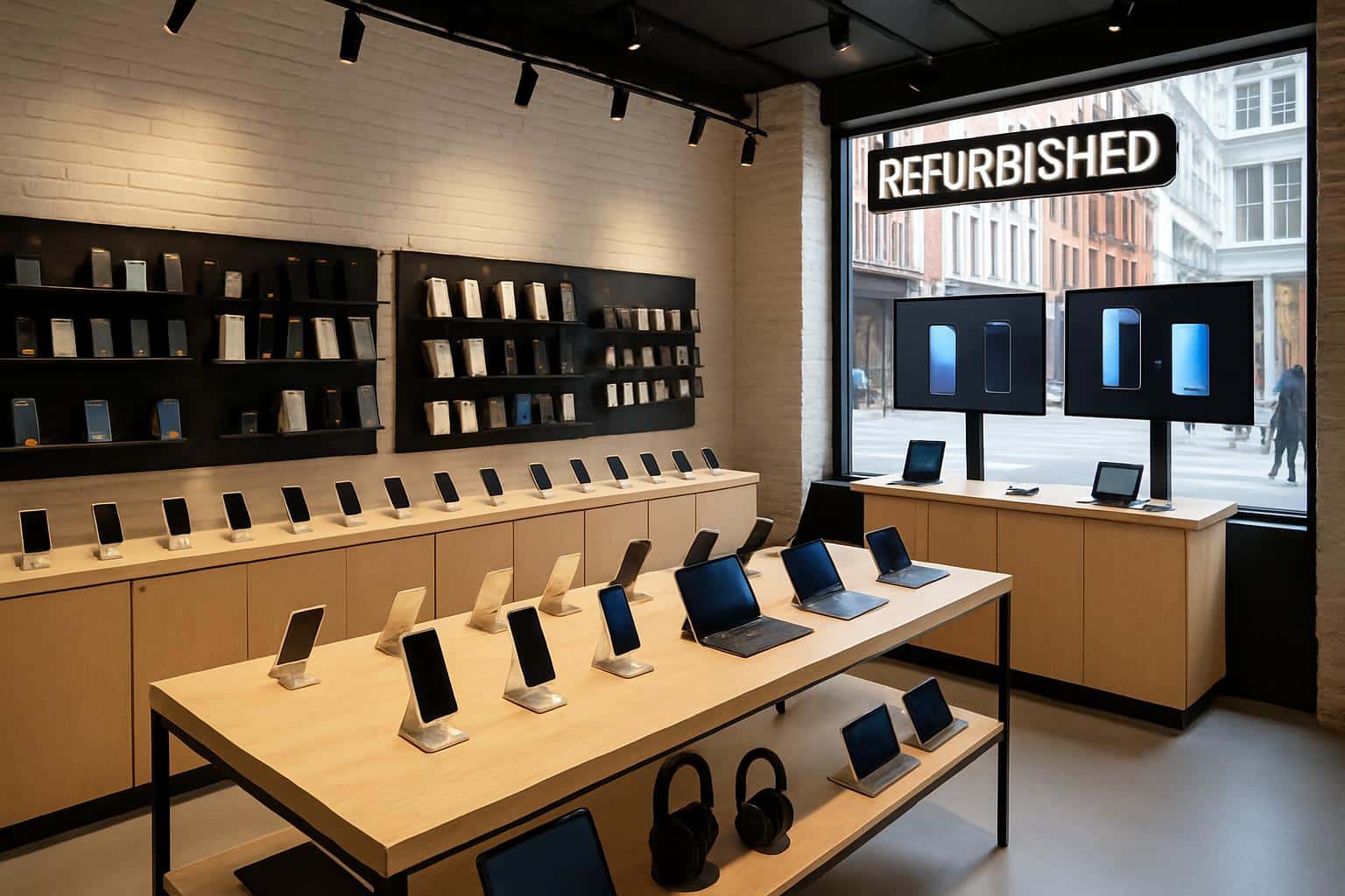 Back Market refurbished tech display in-store with smartphones and laptops
