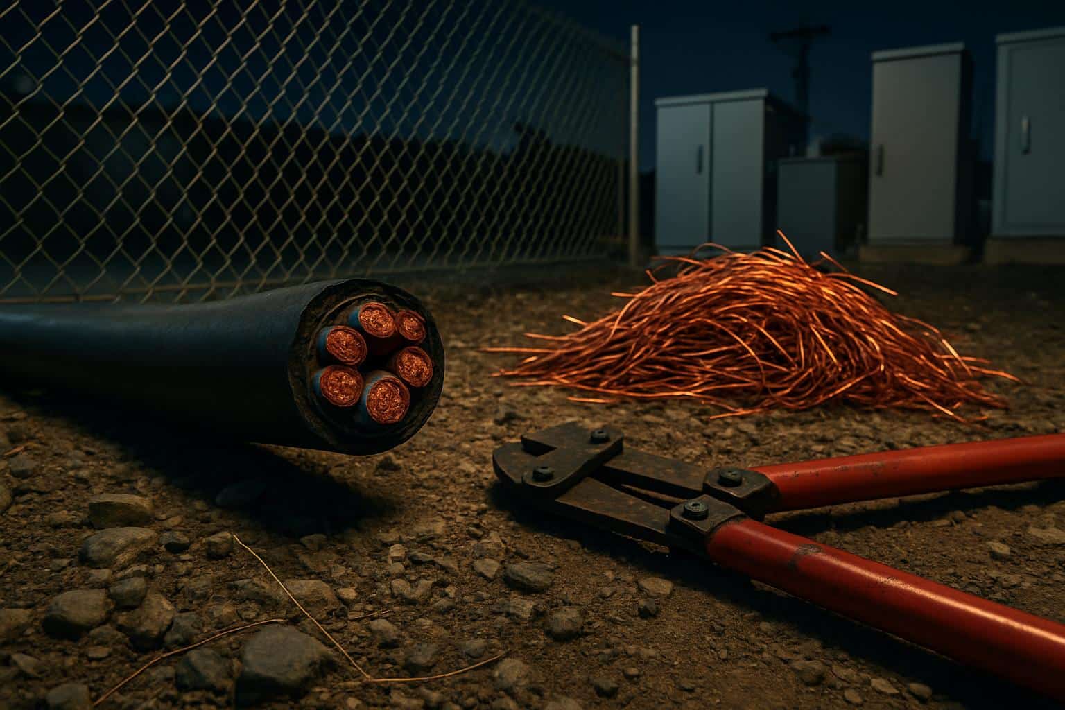 Stripped copper cables and padlock highlight copper theft and cable security risks