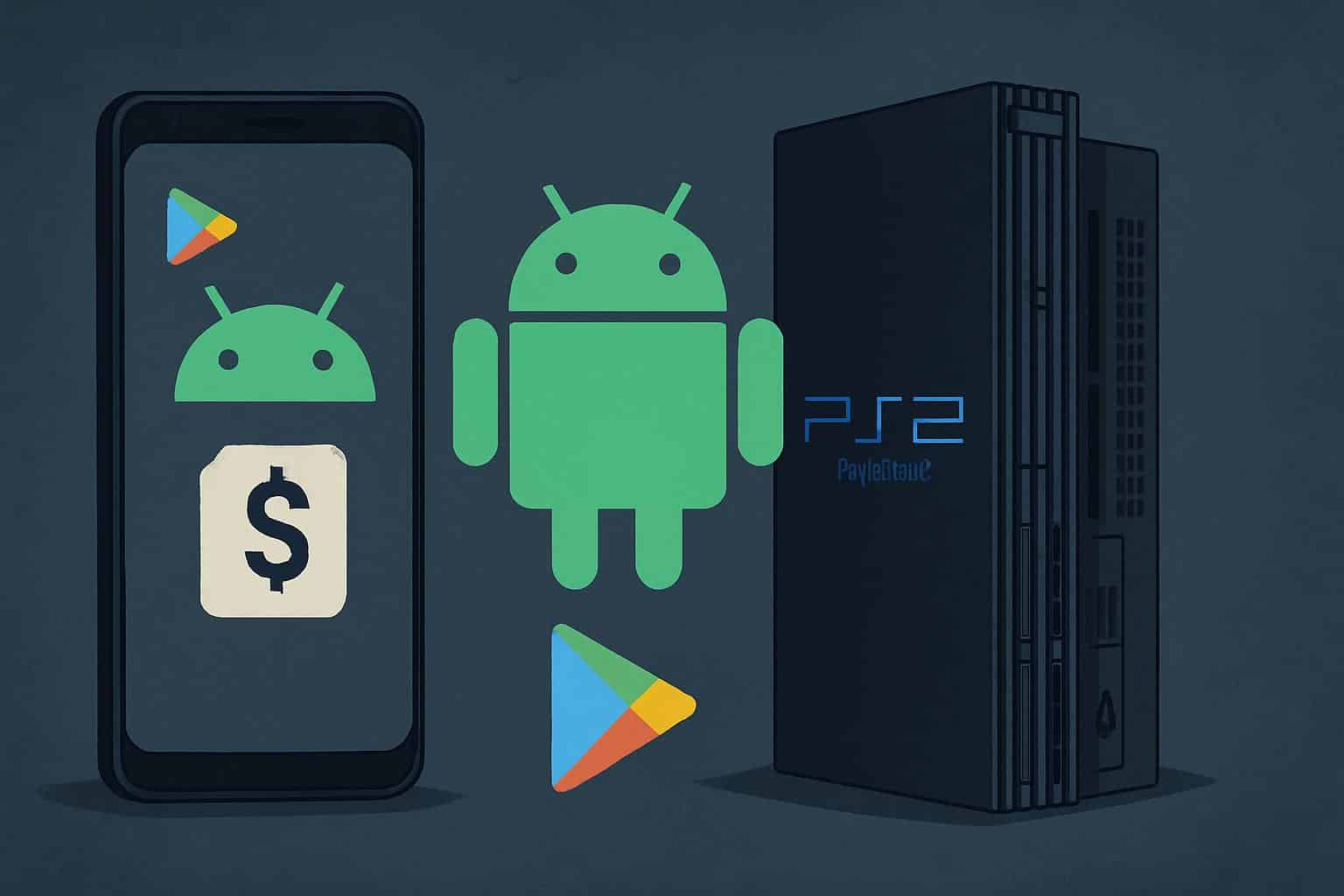 Android device showing PSX2 app with PS2 controller, highlighting purchase and compatibility