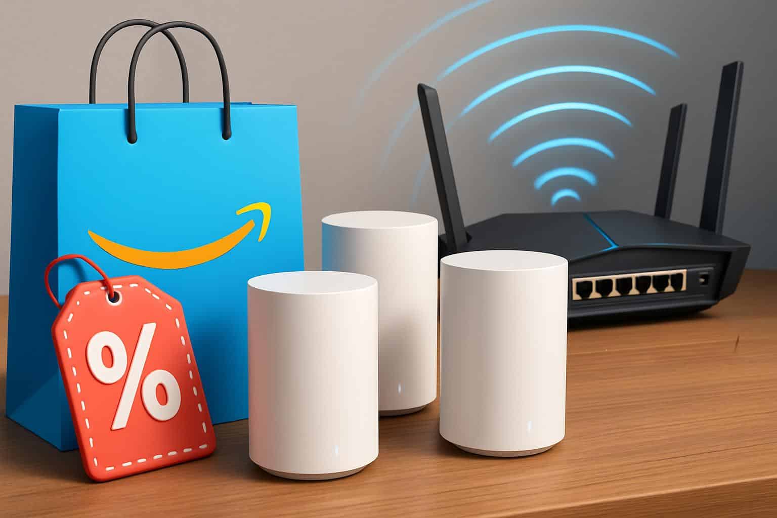 Prime Day savings on Wi-Fi mesh systems with discount tags and routers