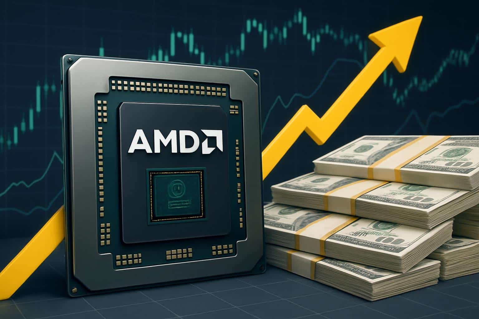 AMD logo, OpenAI emblem, and AI chips illustrating stock-funded acquisition
