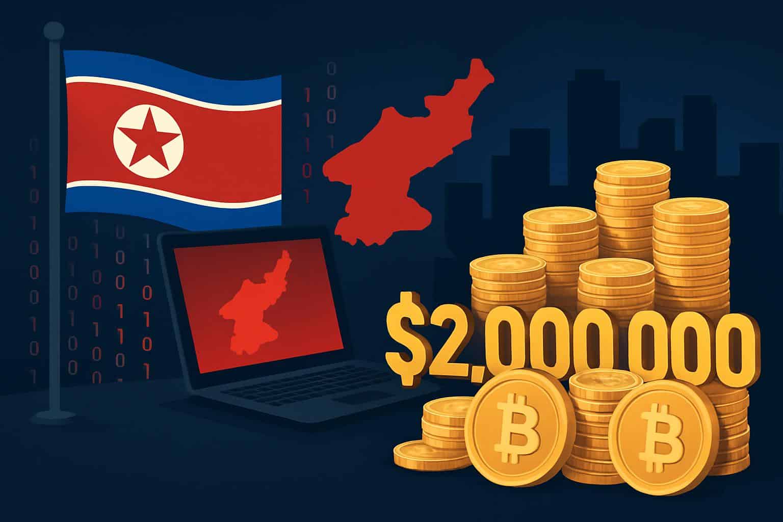 North Korean flag with Bitcoin symbols and code, signaling B cryptocurrency theft
