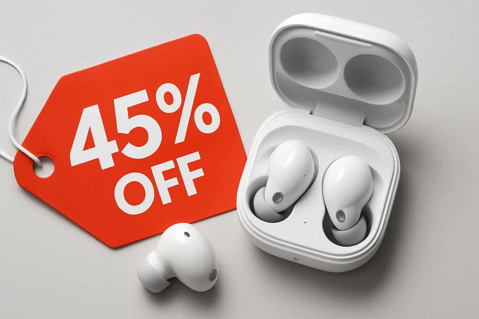 Samsung Galaxy Buds FE earbuds and charging case with 45% off sale banner