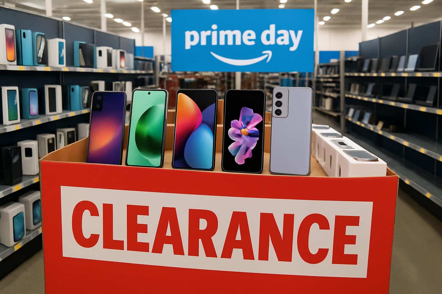 Amazon Prime Day smartphone clearance sale with stacked phones and bold discount tags