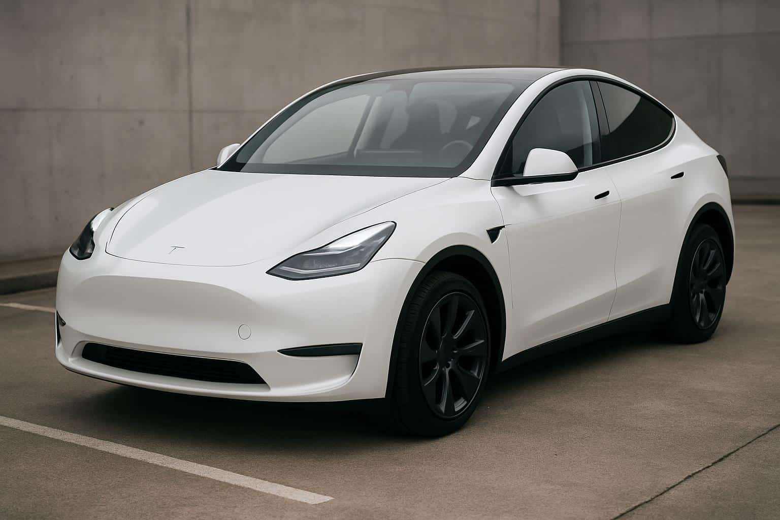 Low-priced Tesla Model Y electric SUV with reduced range, front three-quarter view