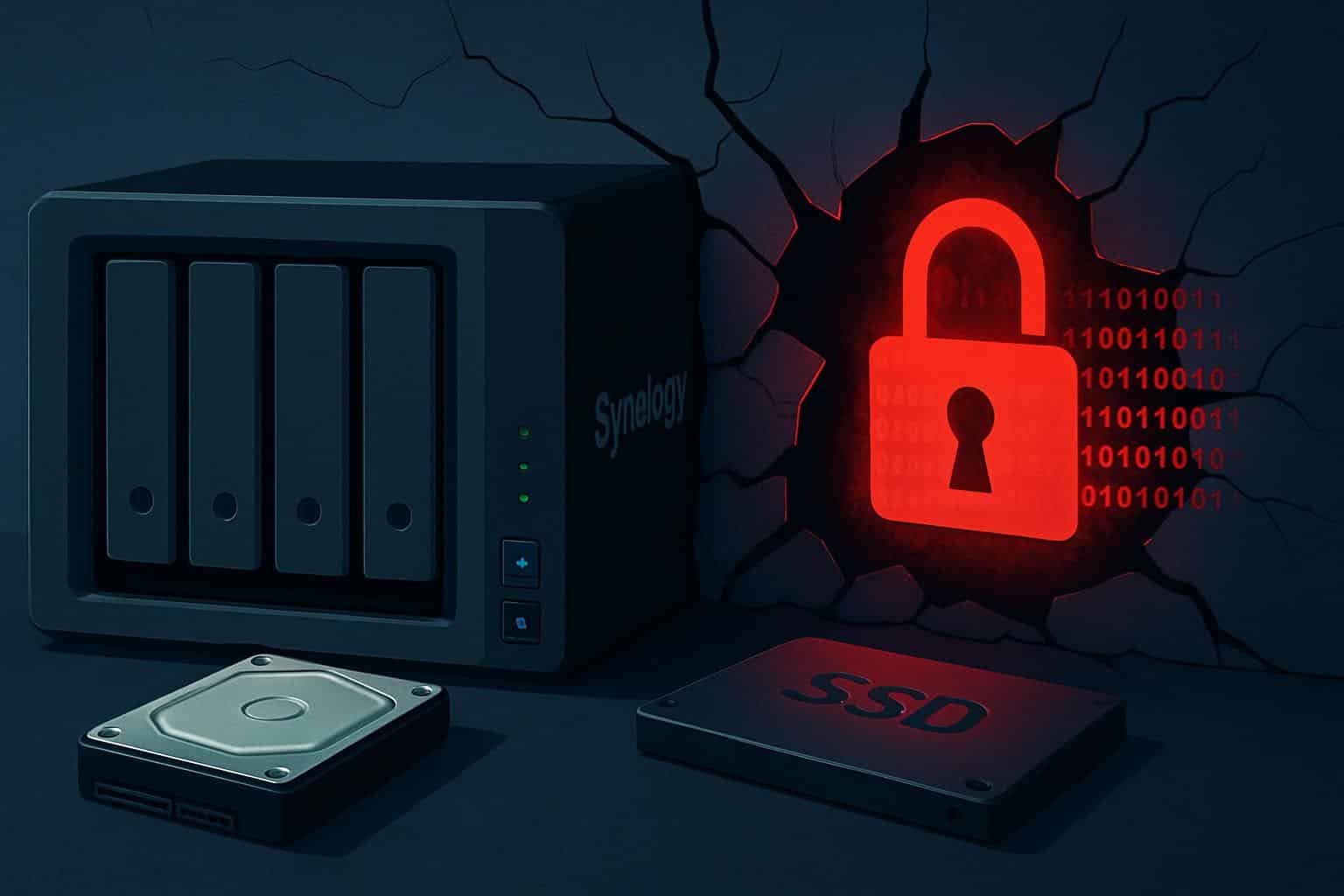 Synology NAS with shattered shield and broken lock, signaling vulnerability and attack vector