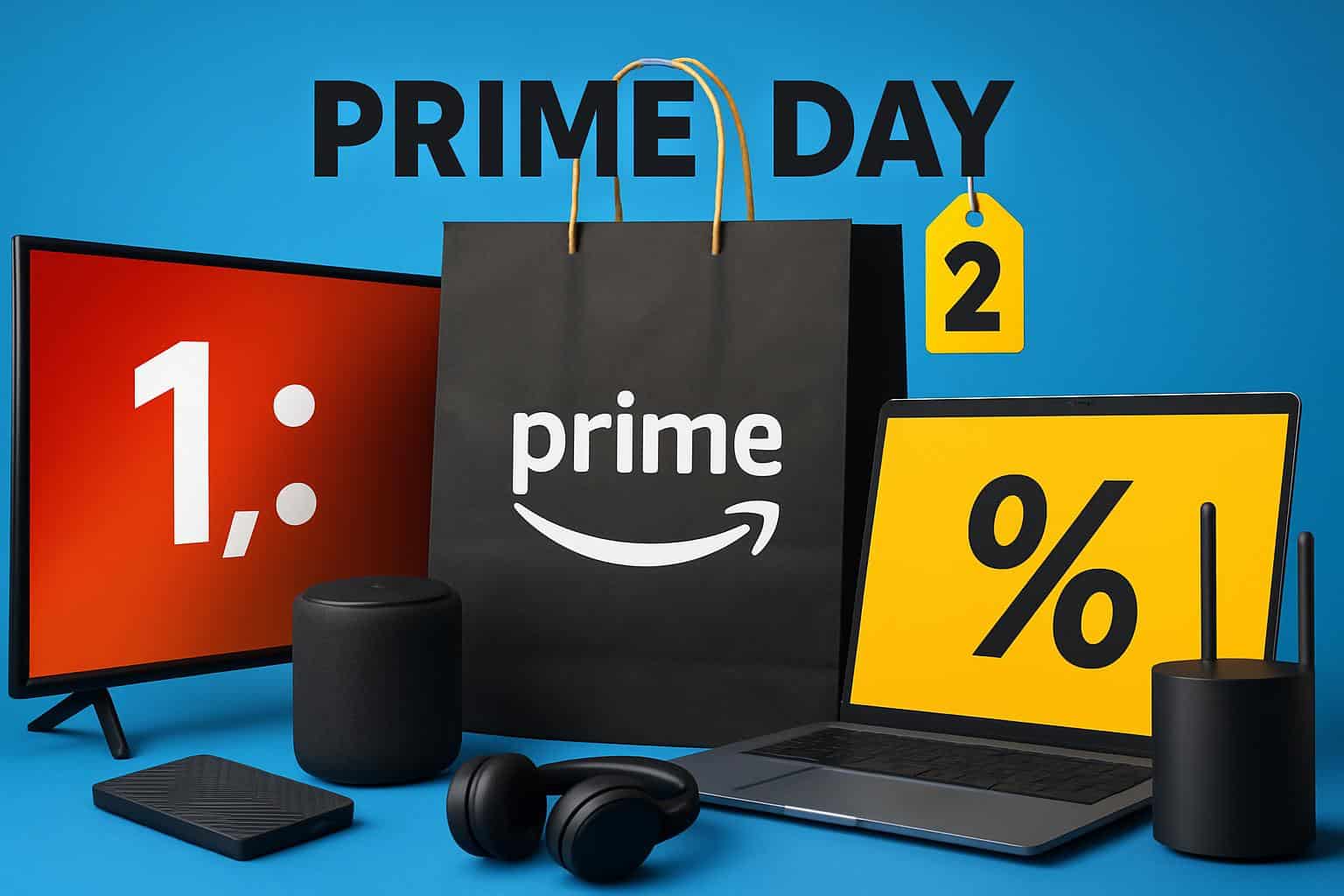 Amazon Prime boxes and electronics with sale tags for Prime Day 2 tech deals