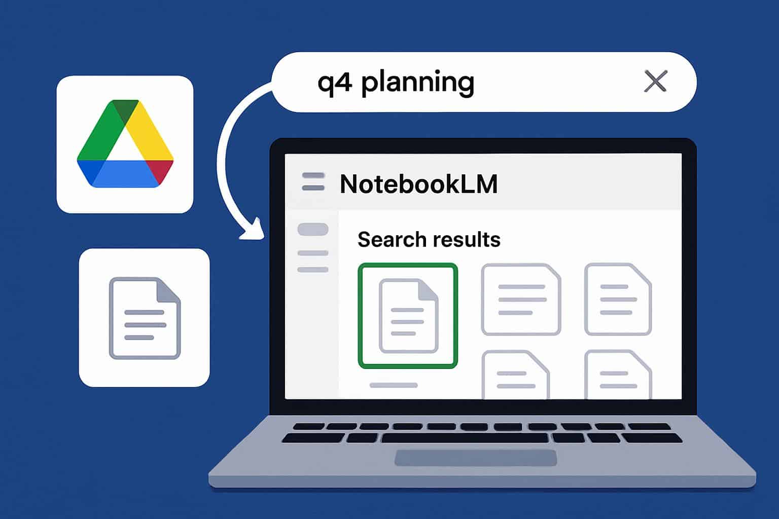 NotebookLM interface showing Google Drive source search results and filters