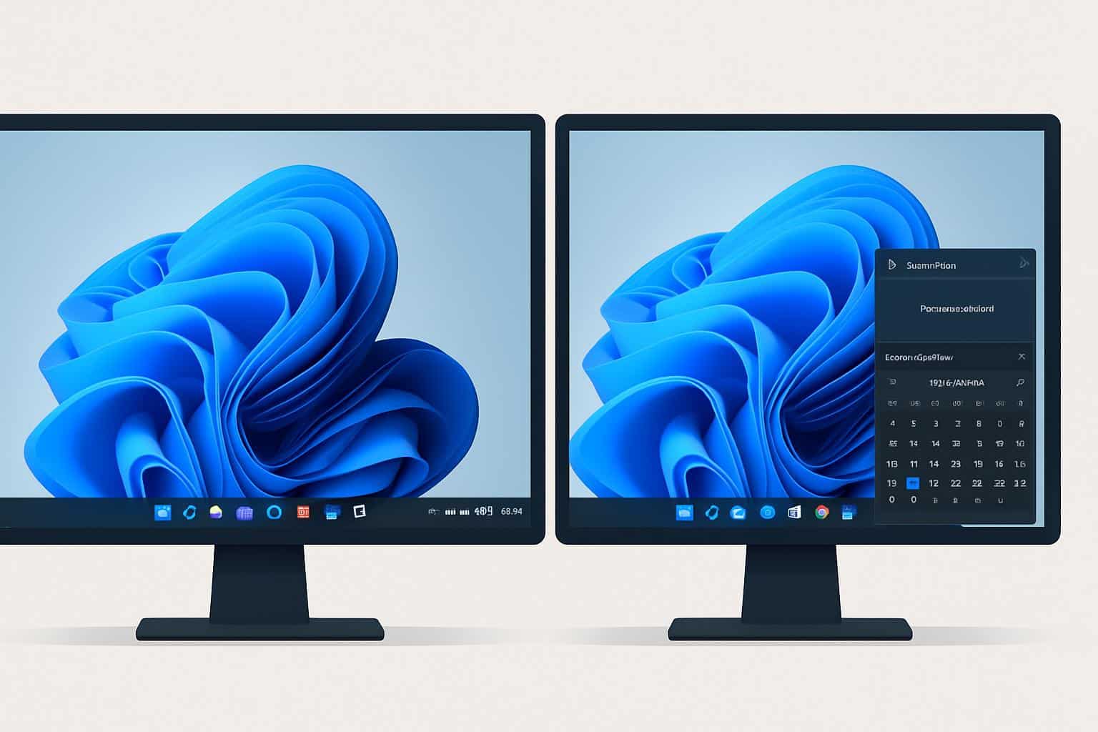 Windows 11 taskbar with multi-monitor Notification Center across displays