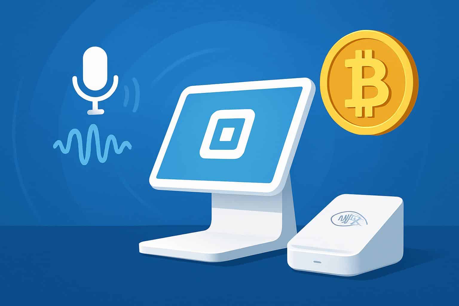 Square checkout terminal showing AI voice ordering and Bitcoin payments