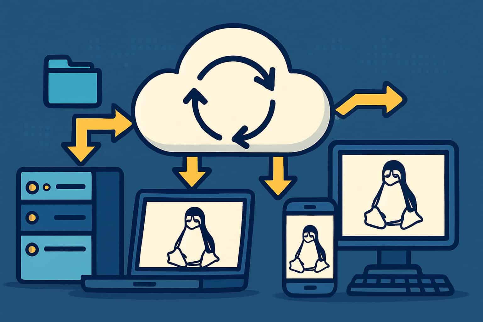 Linux cloud file sync tools with icons and arrows, highlighting free options