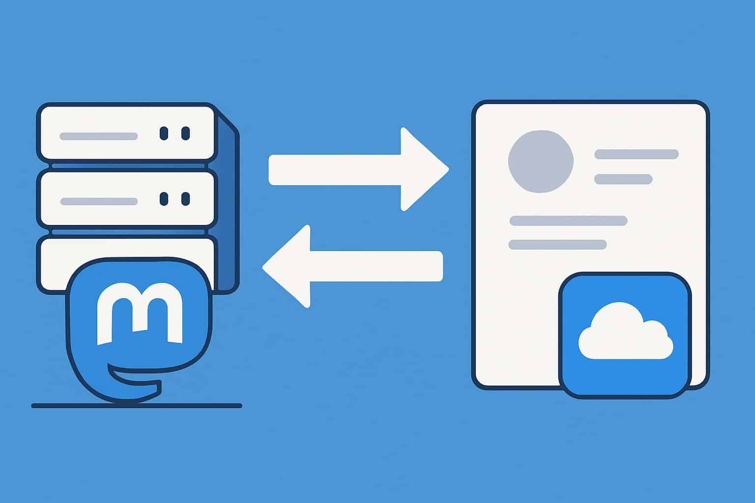 Bounce tool transfers Mastodon accounts to Bluesky, arrows linking platforms