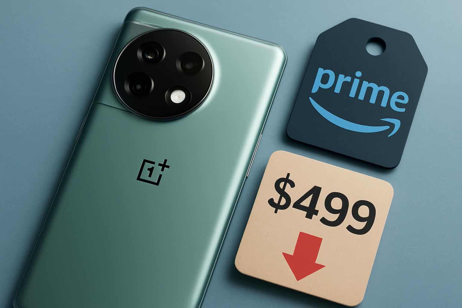 OnePlus 13R smartphone with 9 price tag and Amazon Prime discount badge