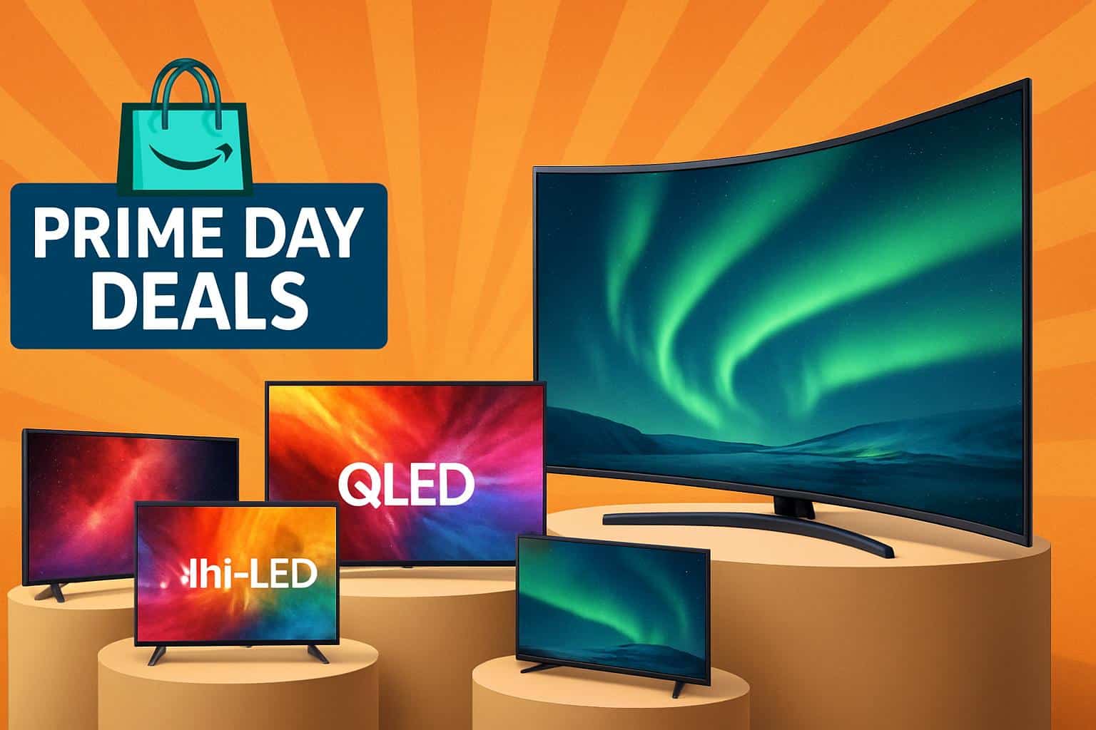 Prime Day TV deals up to 60% off across top brands, stacked screens with discount tags