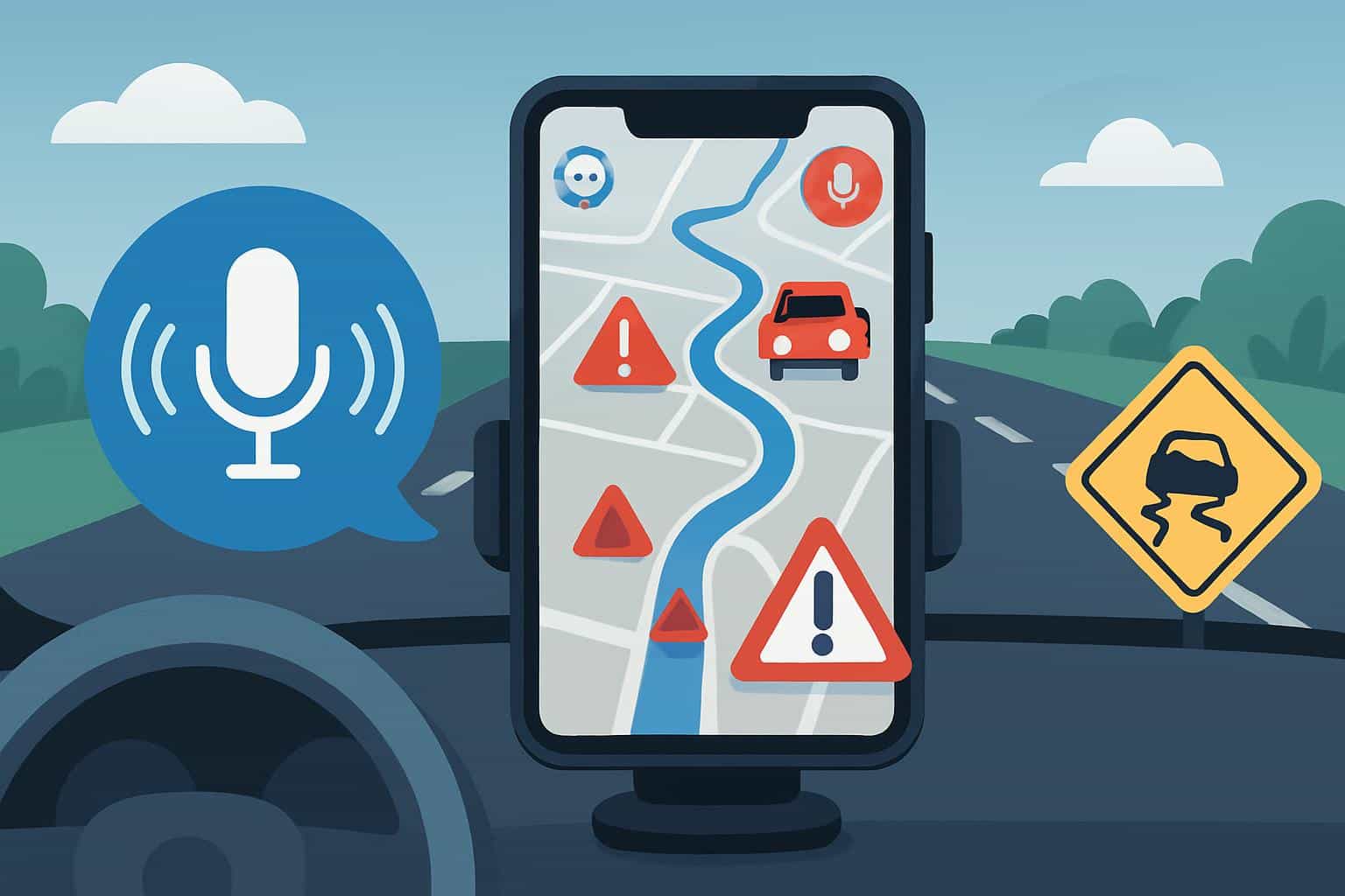 Waze map with microphone icon for voice traffic incident alerts