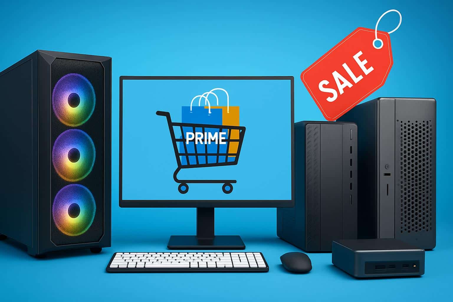 Amazon Prime Day desktop computers with sale tags highlighting discounts that save hundreds