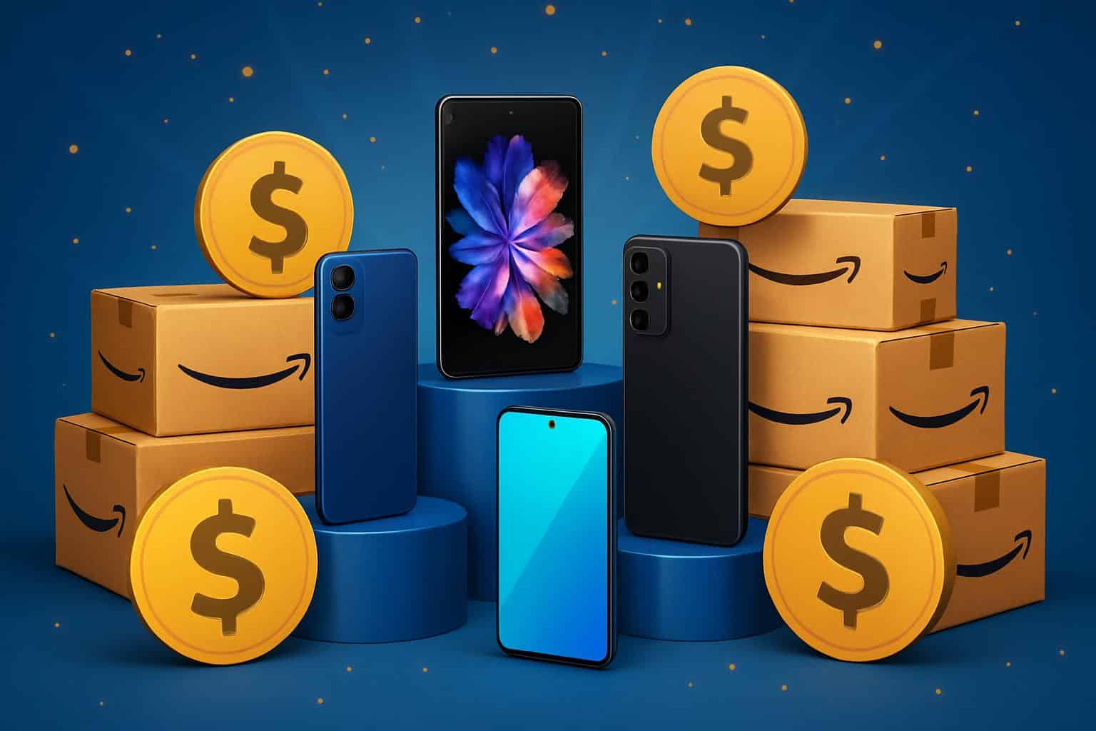Amazon Prime Day phone deals with smartphones, discount tags, and Prime logo
