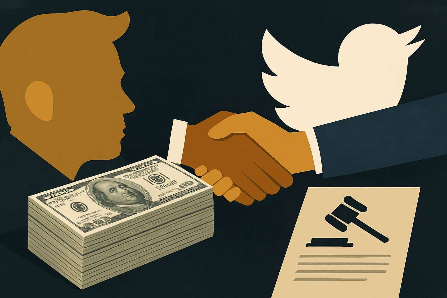 Elon Musk, Twitter logo and legal scales for 8M lawsuit settlement with former Twitter execs