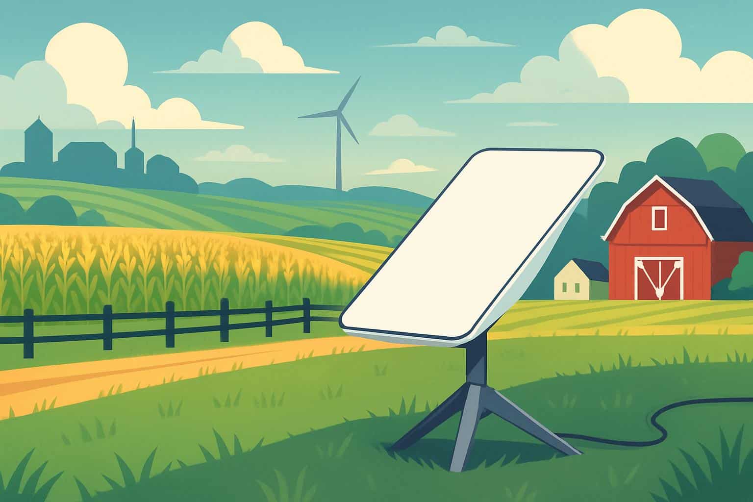 Starlink rent-only dish program trial in Iowa with satellite dish and state map
