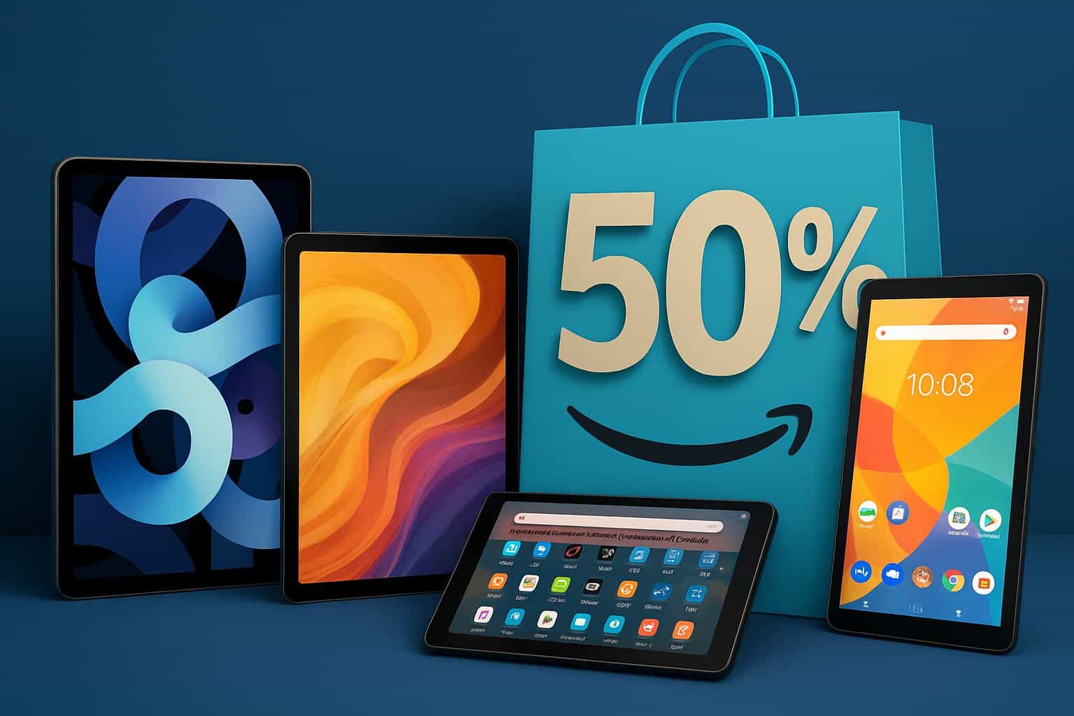 Amazon Prime Day tablet deals with sale tags, up to 50% off